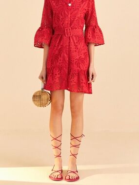 $260 FARM Rio Red Eyelet Lace Belted Mini Dress XS